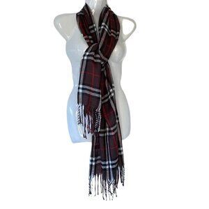 Pashmina Cashmere Plaid Scarf Brown Black White and Red Tartan Plaid with Fringe